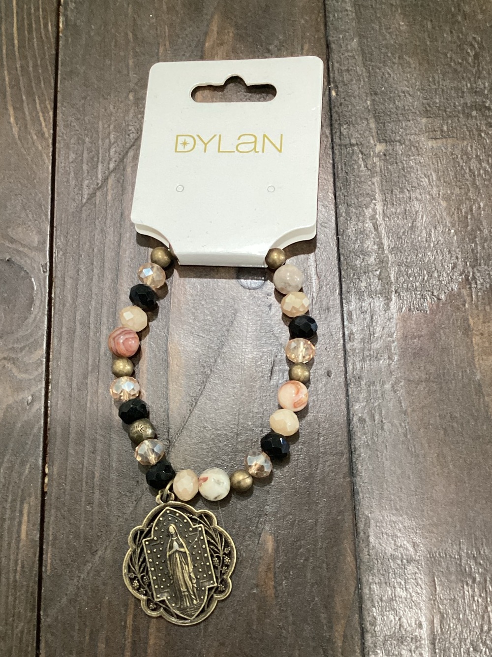 dylan Beaded Stretch Bracelet with Gold Medal Charm - Pink, Black & Cream